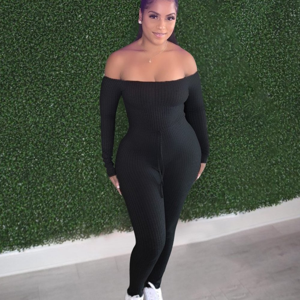 Sexy Rib Slash Neck Long Sleeve Tight Jumpsuits